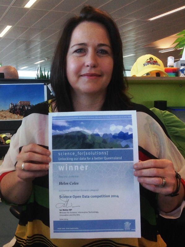Brisbane geoscientist Helen Coles with her Open Data Competition certificate